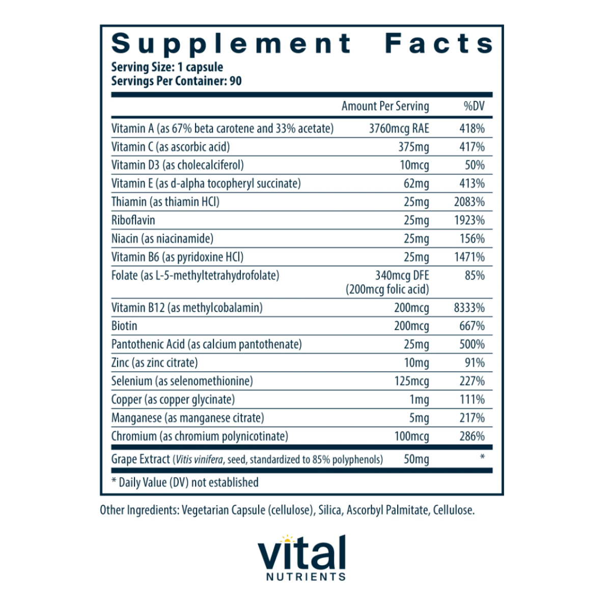 Minimal and Essential Antioxidant and Multi-Vitamin Formula by Vital Nutrients 90 count