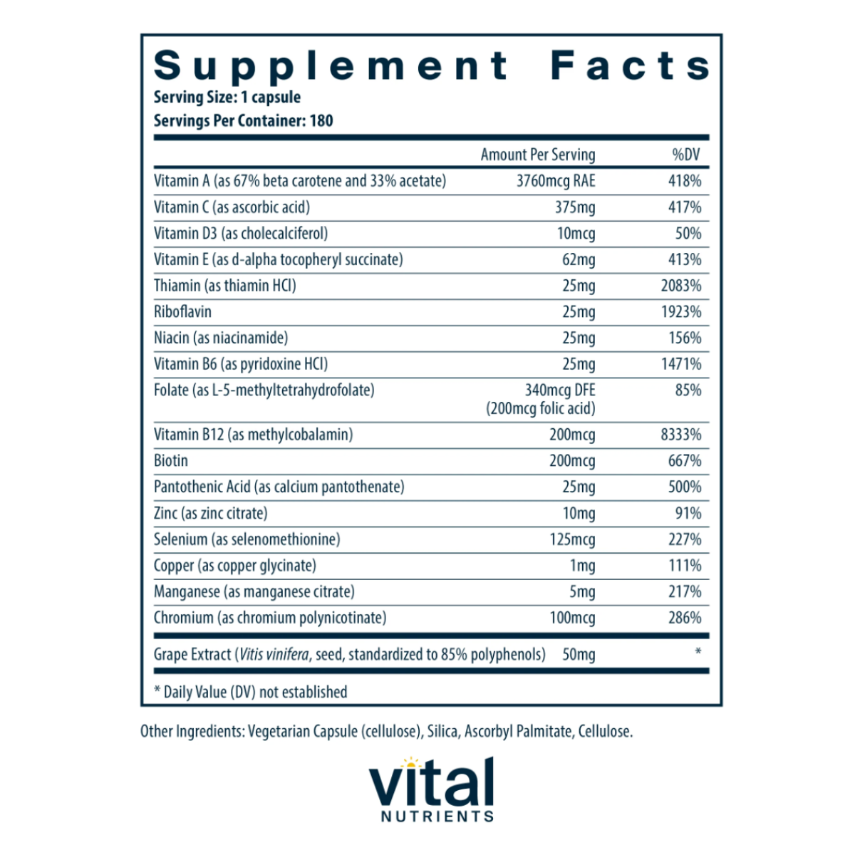 Minimal and Essential Antioxidant and Multi-Vitamin Formula by Vital Nutrients 180 count