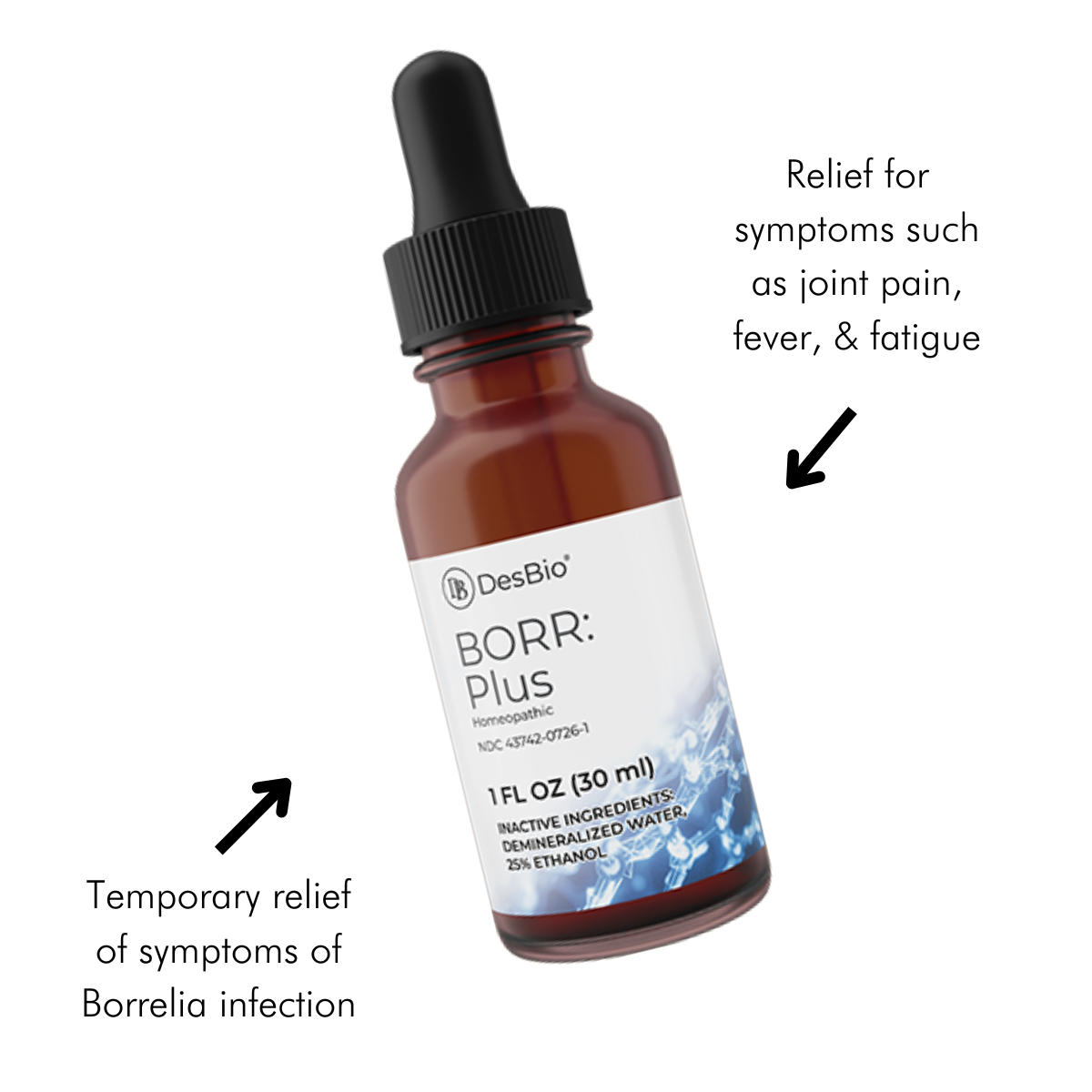 BORR:PLUS (Formerly Lyme Plus) by DesBio, series symptom relief, temporary relief of symptoms related to Lyme Disease or other viruses including joint pain, severe headache, fever, severe muscle aches/pain, flu-like feelings of headache, stiff neck, muscle aches, and change in smell/taste, difficulty chewing, swallowing, or speaking; hoarseness or vocal cord problems.