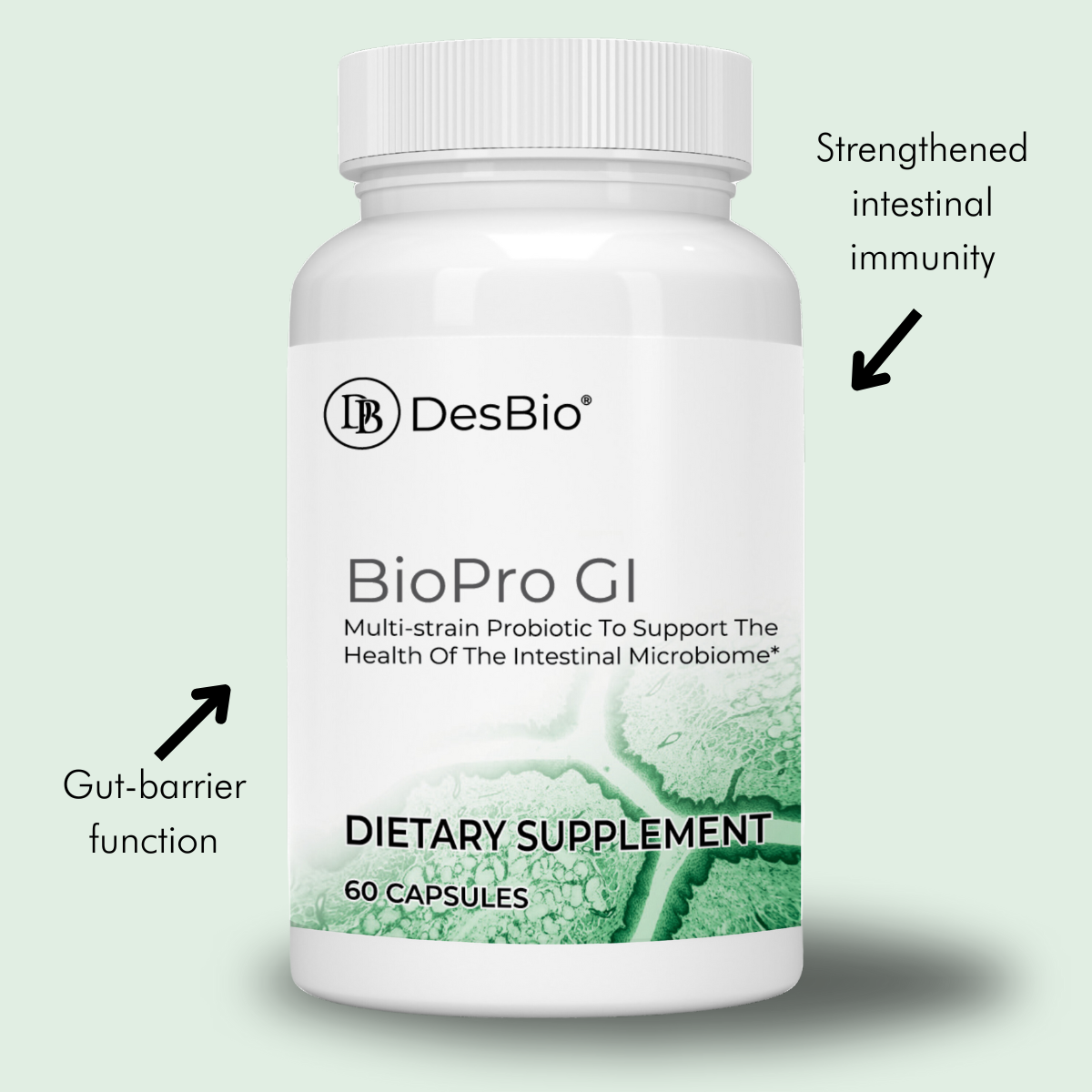 BioPro GI by Desbio, digestive health, probiotic strains, intestinal microbiome, strengthened intestinal immunity, gut-barrier function, intestinal microflora balance, healthy digestion