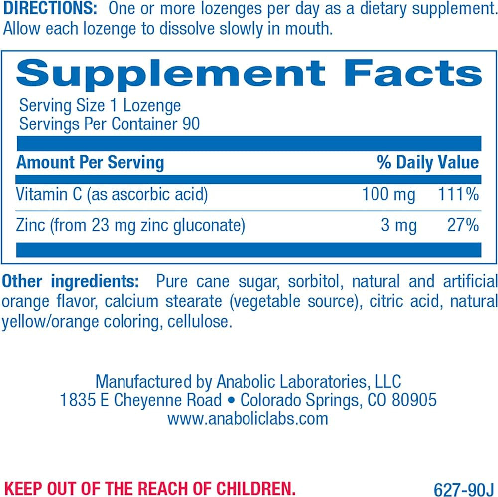 ZINC LOZENGES, ORANGE with Vitamin C 90 count by Anabolic Labs Ingredients