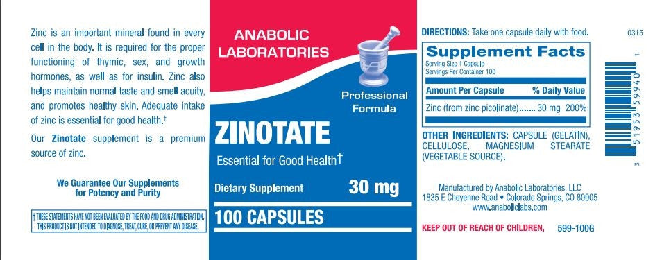 ZINOTATE (ZINC PICOLINATE 30mg) CAPS 100 count by Anabolic Labs