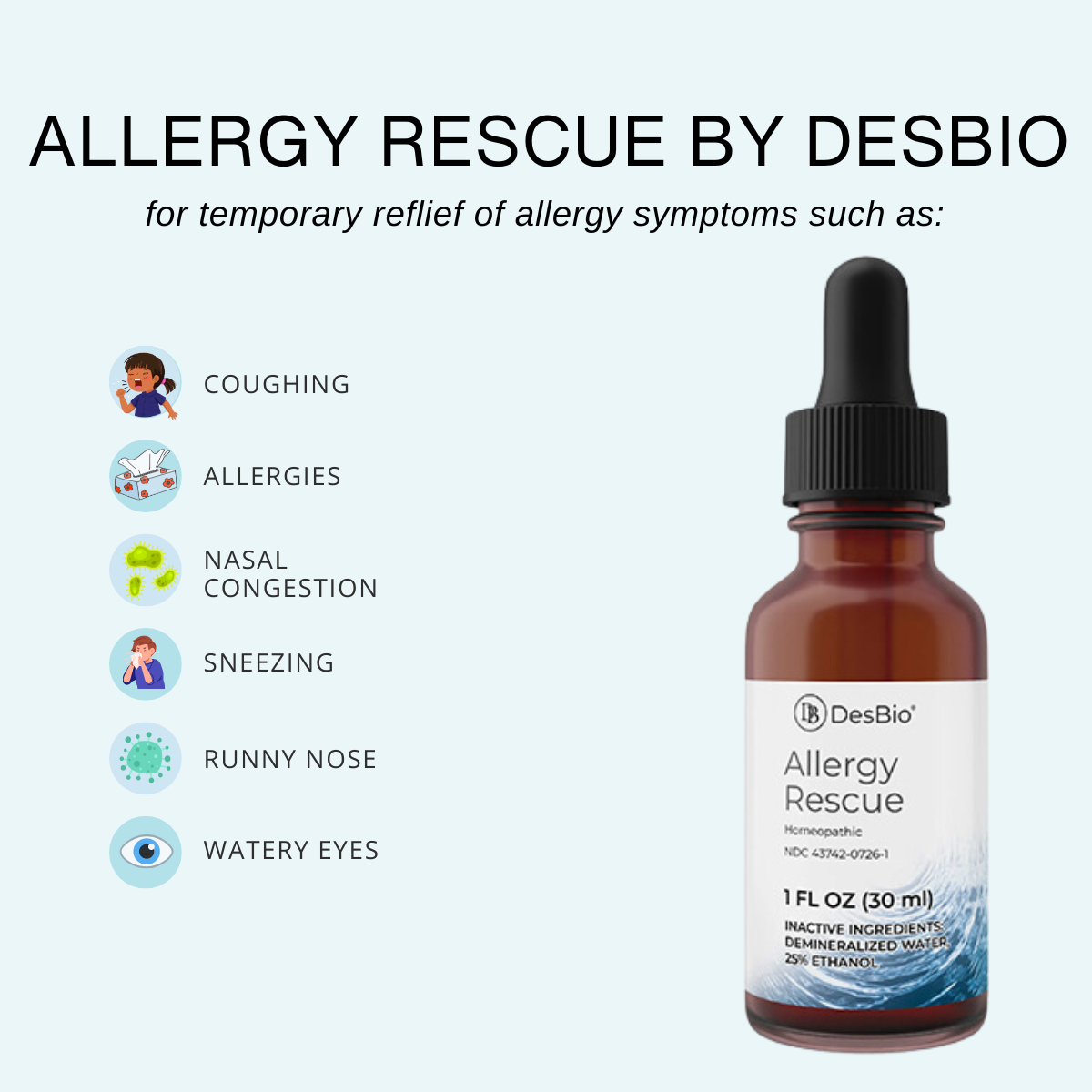 Allergy Rescue by DesBio is perfect for relieving symptoms related to allergies, such as congestion, sneezing, runny nose, watery eyes, and coughing. Great for fall and spring seasons as allergies increase