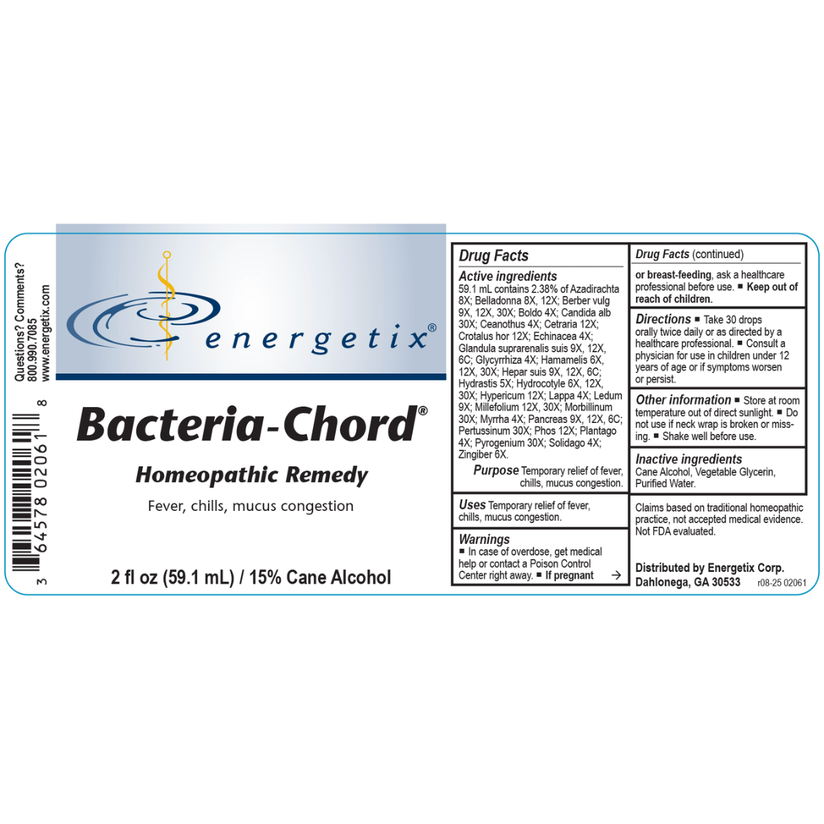 Energetix Bacteria-Chord homeopathic remedy label on a white background