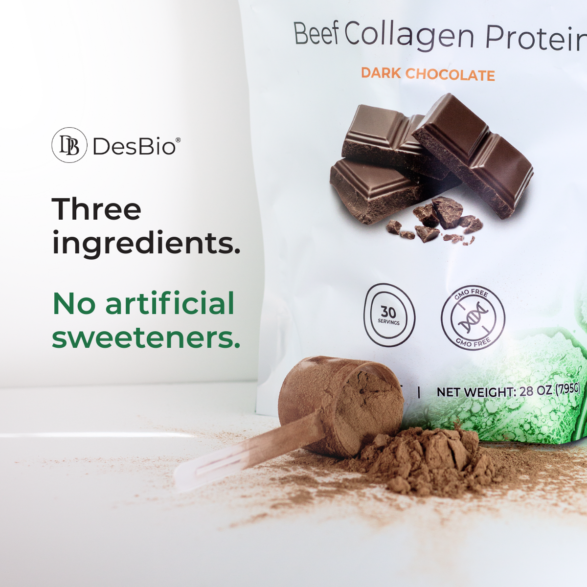 DesBio Beef Collagen Protein Dark Chocolate container featuring hydrolyzed beef collagen with cocoa and monk fruit extract.