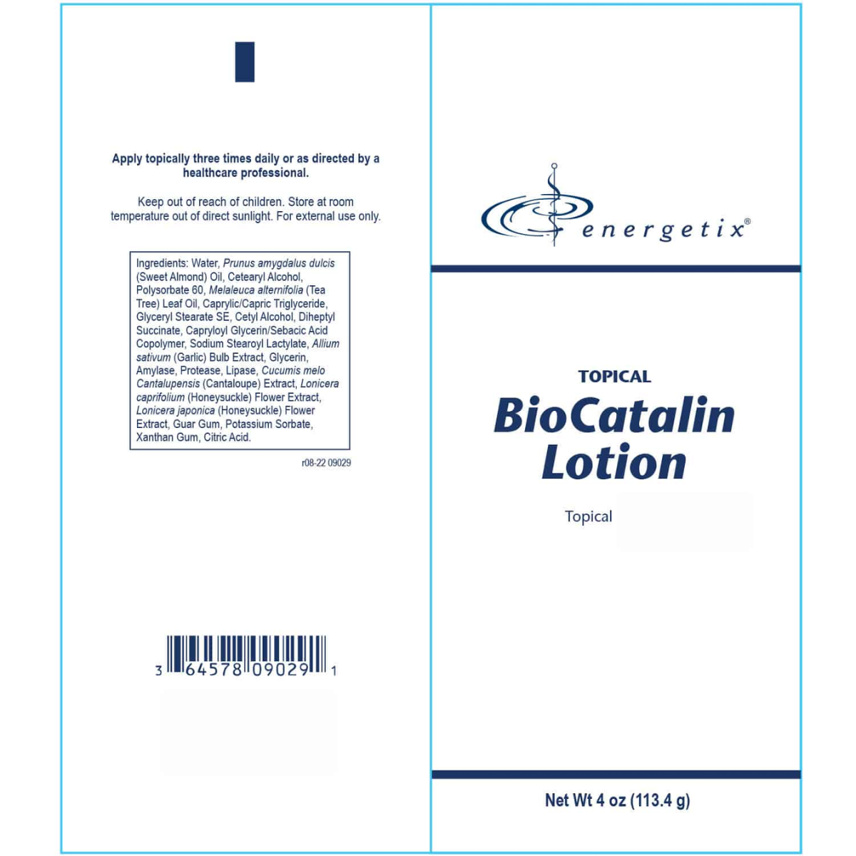Label of Energetix BioCatalin Lotion with product details and branding.