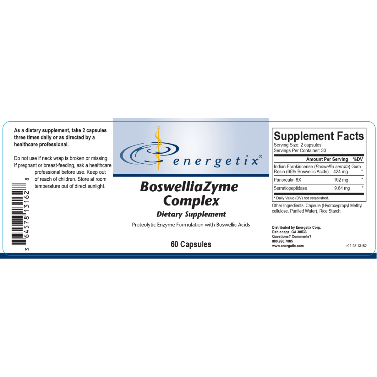 Supplement label for BoswelliaZyme Complex by Energetix on a white background