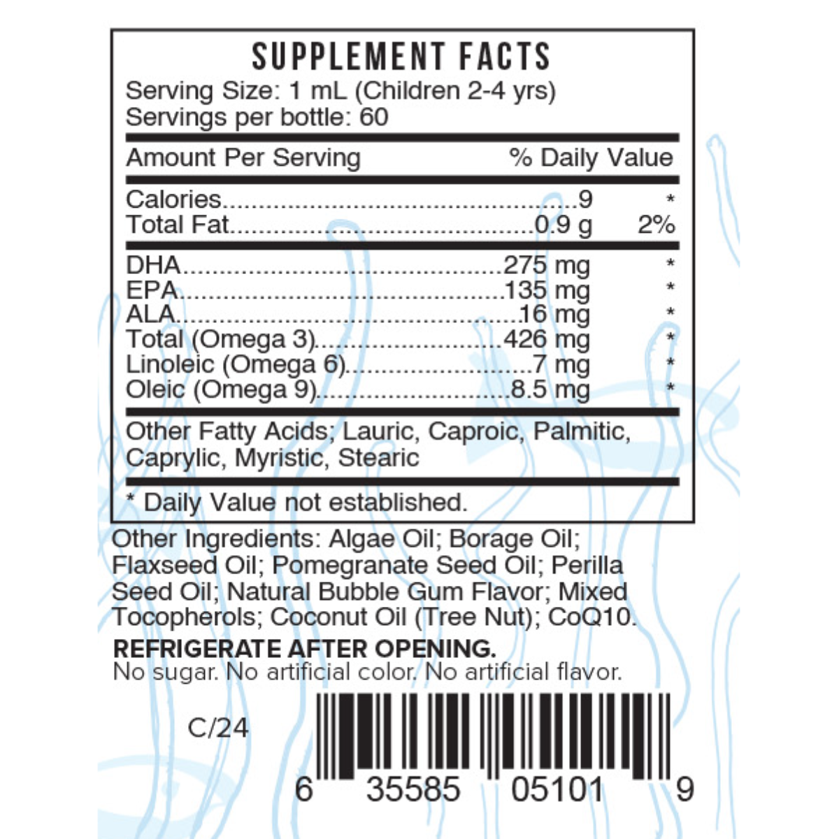 This formula contains ultra pure, essential fatty acids (Omega 3, 6 & 9) balanced for optimal impact for overall health.