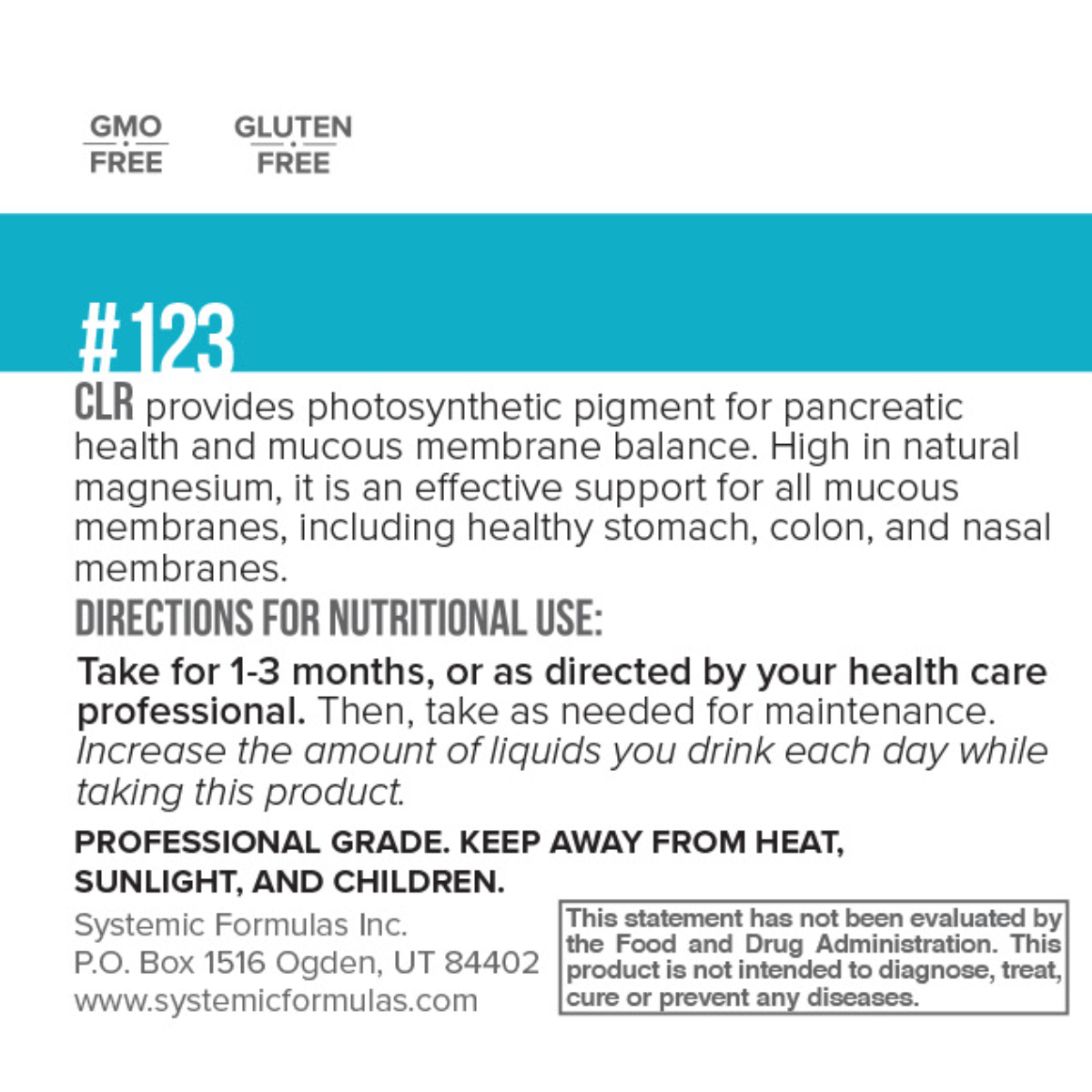 Systemic Formulas CLR, CLR Chlorophyllium, chlorophyll supplement, mucous membrane support, digestive support supplement, liver cleansing support, alkalizing supplement, sodium copper chlorophyll, green food supplement, gluten-free chlorophyll formula.