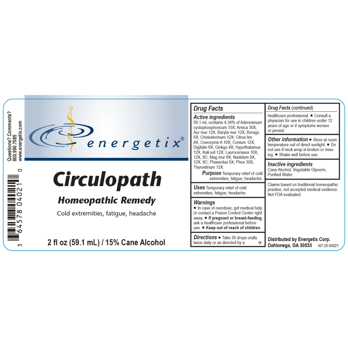 Energetix Circulopath homeopathic remedy label on a white background