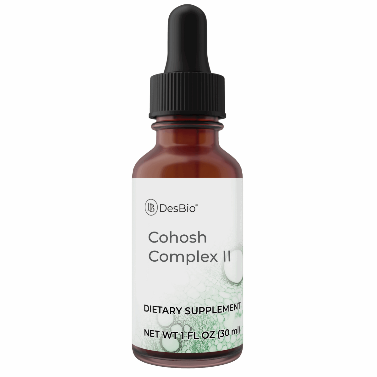 Dietary supplement bottle labeled 'Cohosh Complex II' by DesBio on a white background