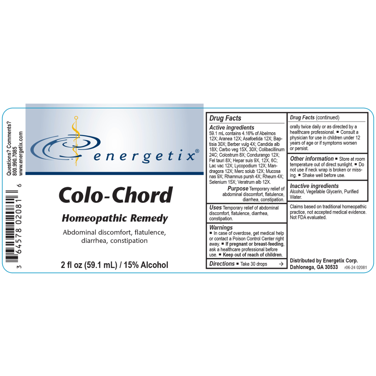 Energetix Colo-Chord homeopathic remedy label on a white background
