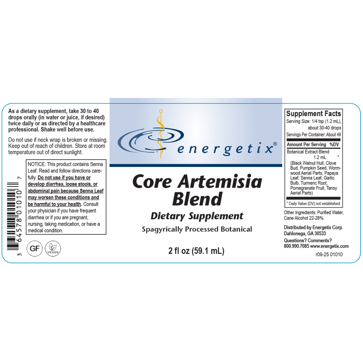 Energetix Core Artemisia Blend dietary supplement label on a white background