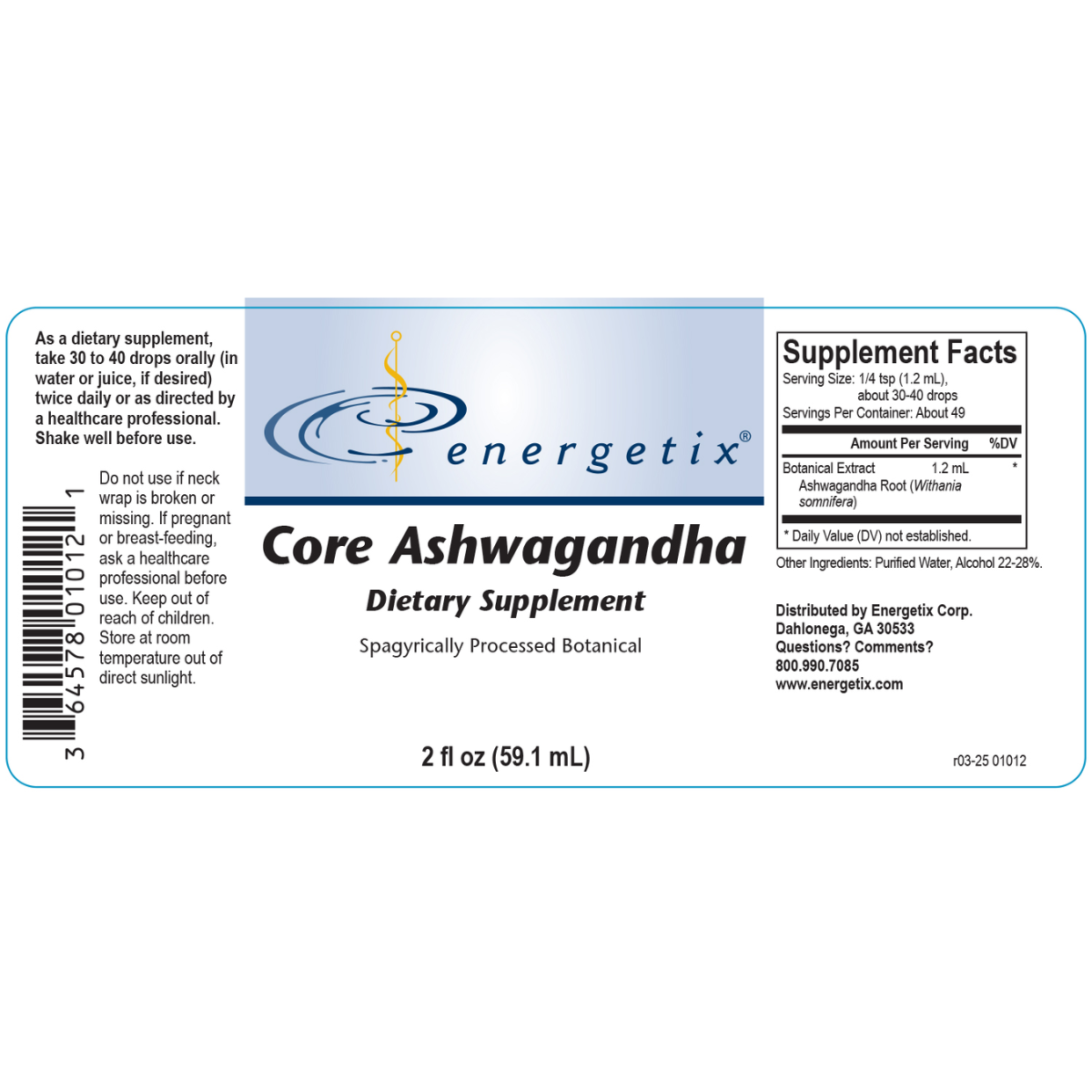 Energetix Core Ashwagandha dietary supplement label on a white background