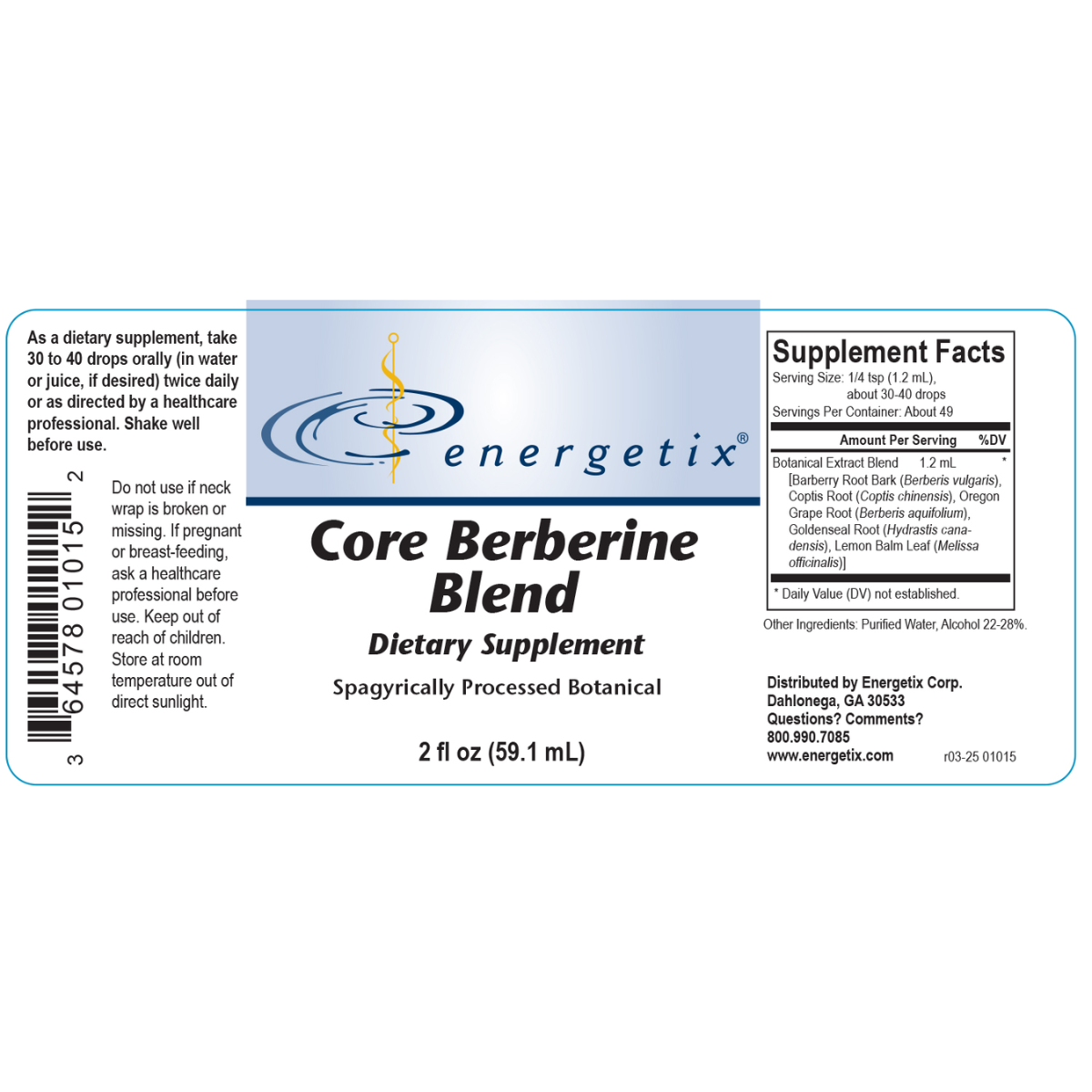 Energetix Core Berberine Blend dietary supplement label on a white background