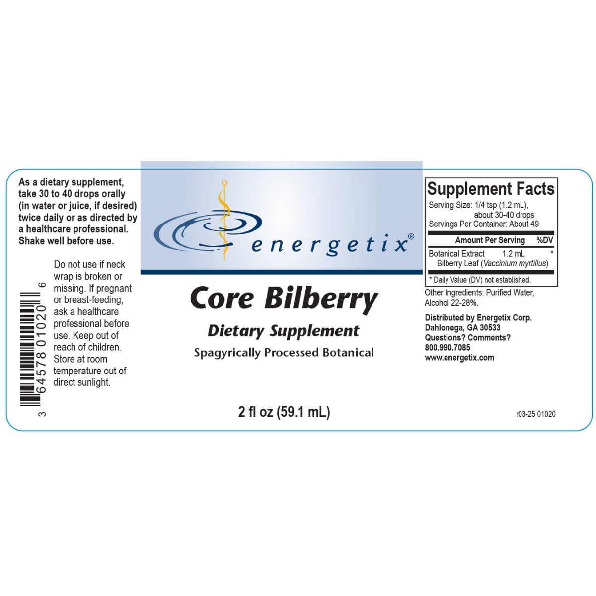 Energetix Core Bilberry dietary supplement label on a white background