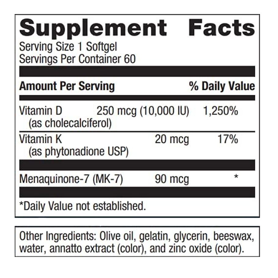 D3 10,000 + K by Metagenics Ingredients Label