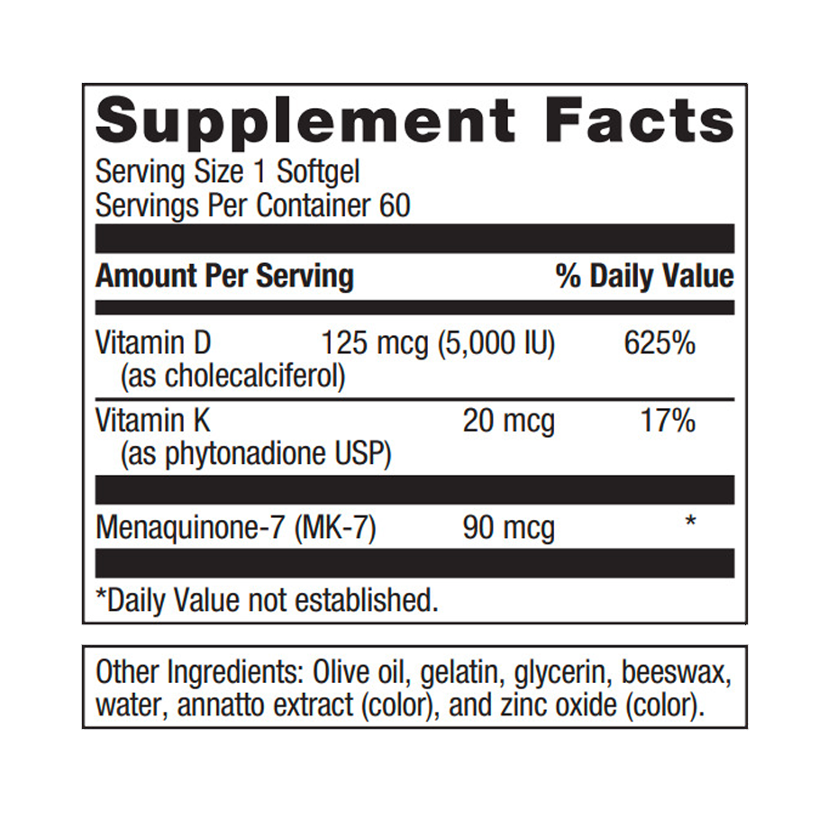D3 5,000 + K by Metagenics Ingredients Label