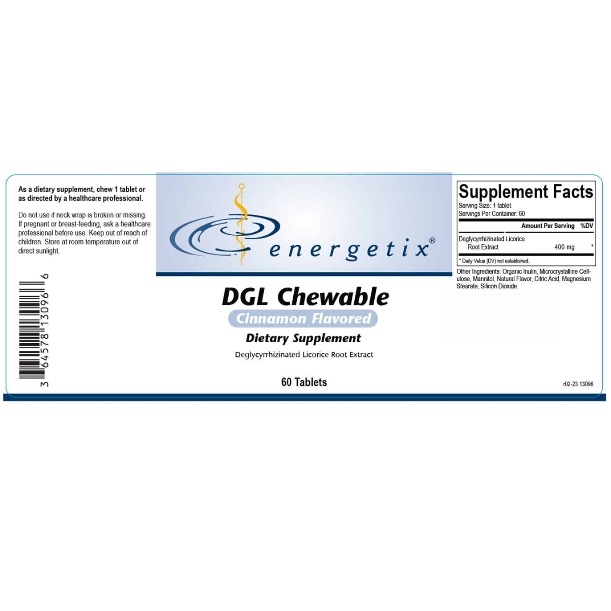 DGL Chewable contains deglycyrrhizinated licorice root extract (DGL) in a cinnamon flavored, chewable tablet. 