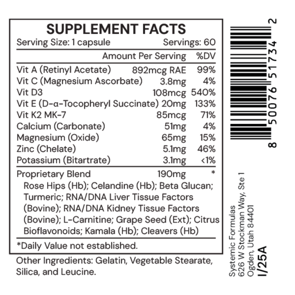 Systemic Formulas DV3 vitamin D3 plus immune support dietary supplement, 60 capsules