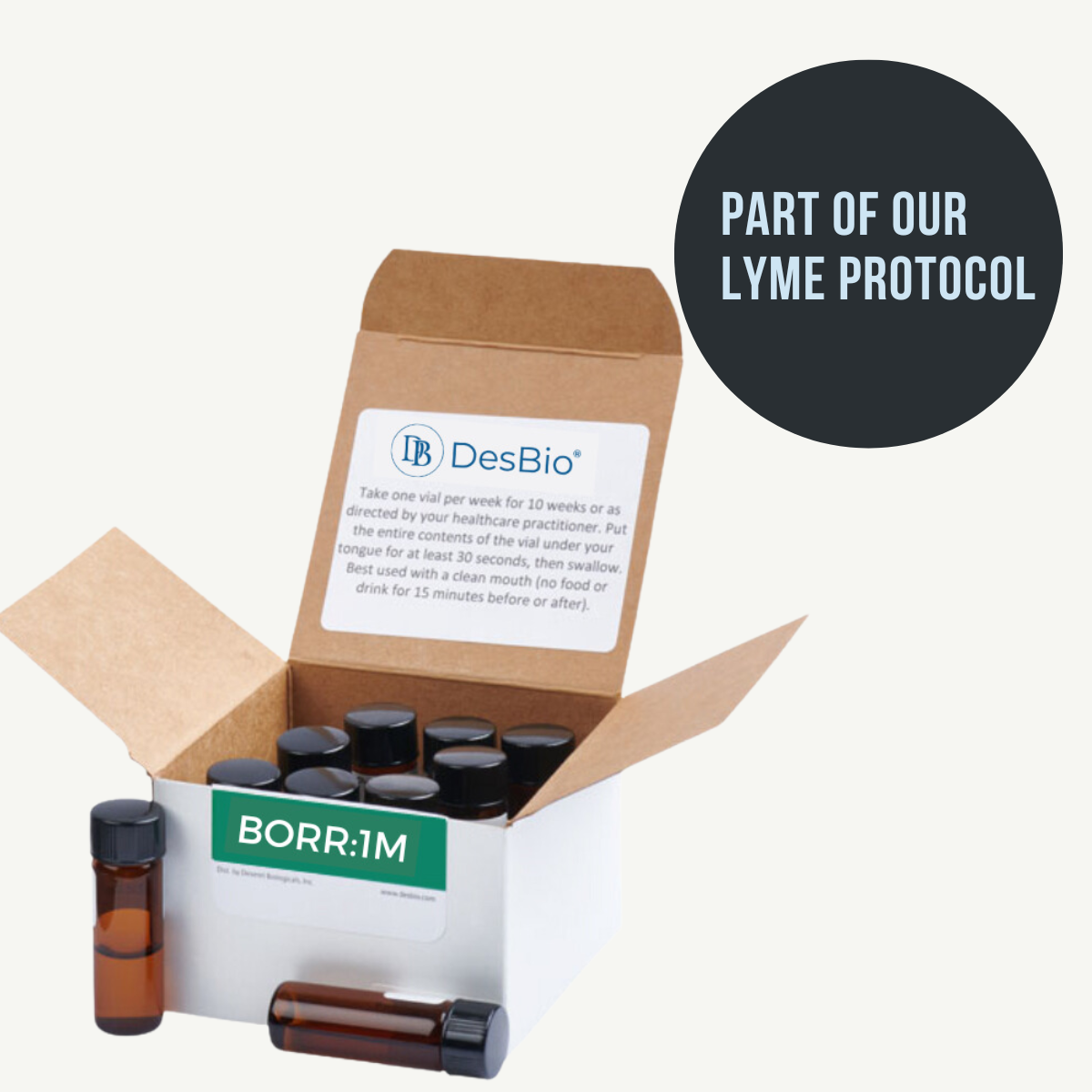 BORR:1M formerly Borrelia Series Therapy 1M (Symptom Relief) by DesBio for the temporary relief of symptoms related to Lyme Disease including rash, fever, chills, fatigue, and joint pain.