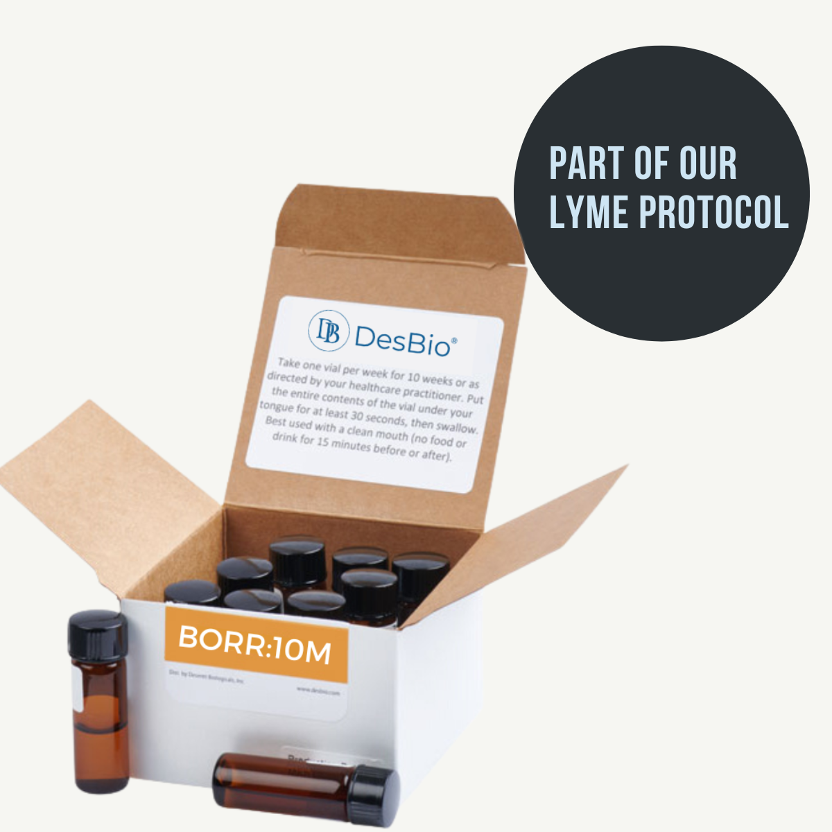 BORR:10M formerly Borrelia Series Therapy 10M (Symptom Relief) by DesBio for the temporary relief of symptoms related to Lyme Disease including rash, fever, chills, fatigue, and joint pain.