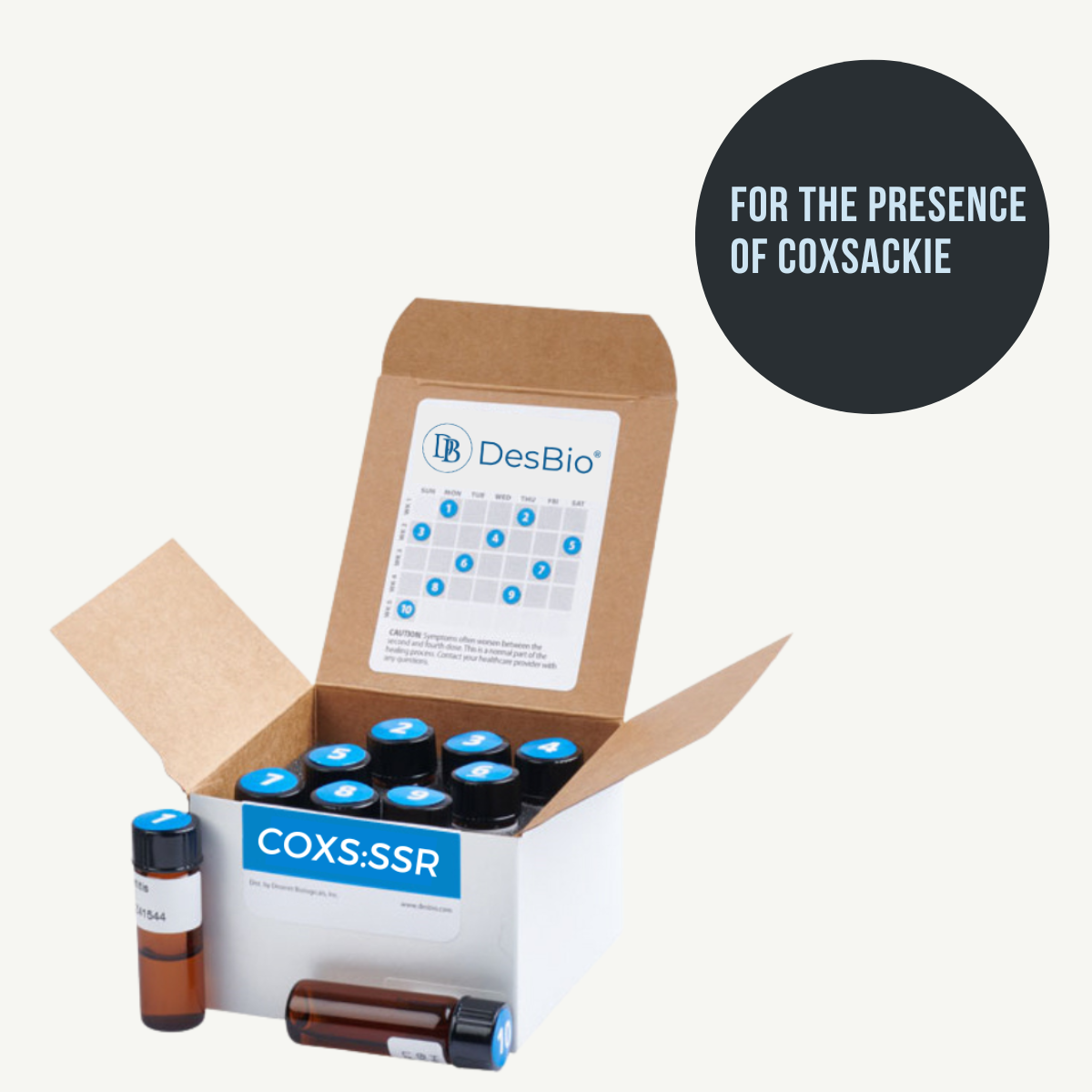 COXS:SSR (formerly Coxsackie Series Therapy) by DesBio for the temporary relief of symptoms related to Coxsackie presence including fatigue, joint pain, and headaches.