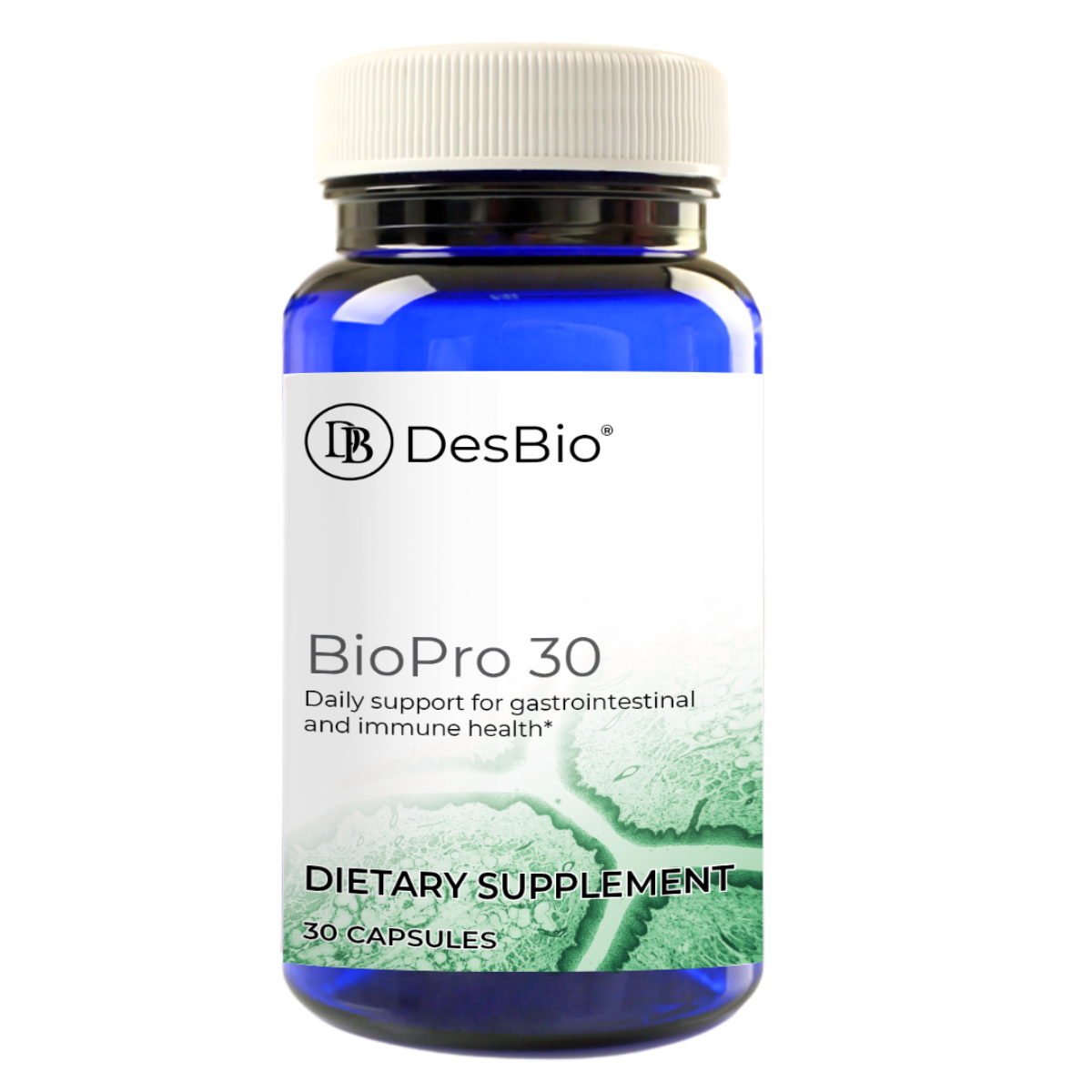 BioPro30 by DesBio contains a blend of 5 select probiotic strains in an acid-resistant capsule to support intact delivery to the intestinal tract