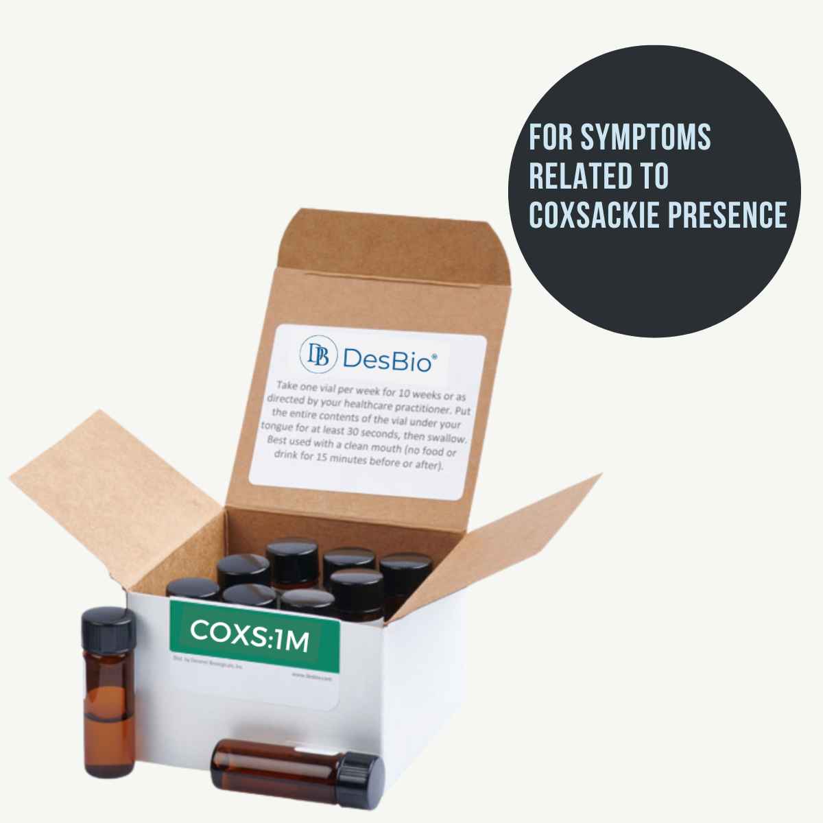 COXS:1M (formerly Coxsackie Series Therapy 1M) by DesBio for relief of symptoms related to Coxsackie presence including fatigue, joint pain, and headaches.