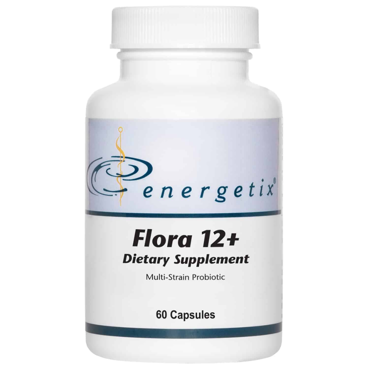 Flora 12+, a multi-strain probiotic, is a combination of twelve beneficial bacteria plus saccharomyces boulardii and the prebiotic fructooligosaccharides (FOS). 
