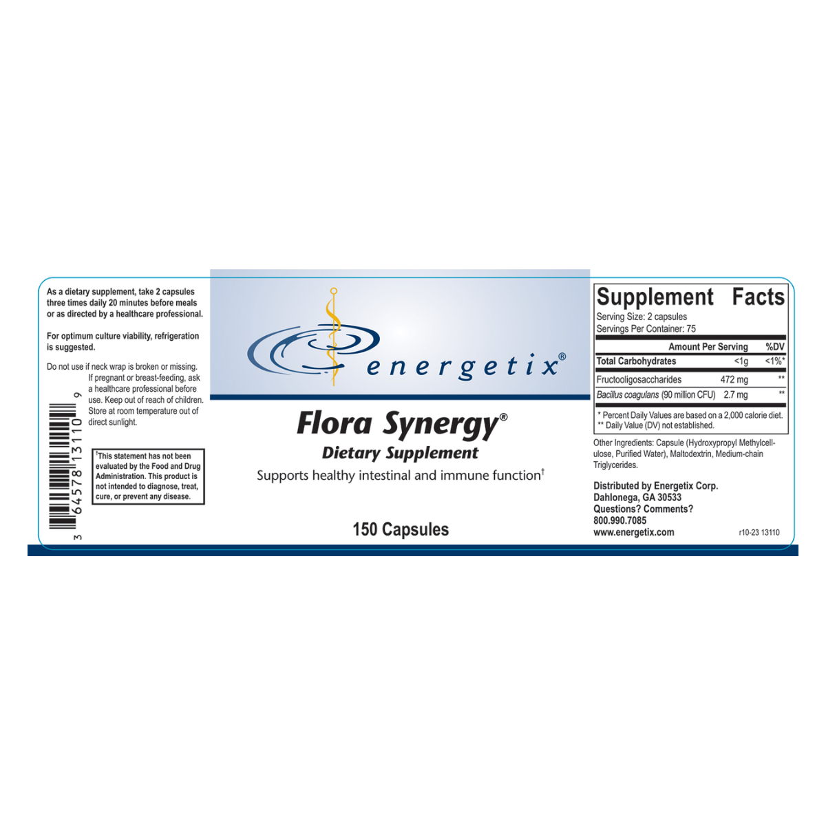 Flora Synergy® contains the spore form probiotic Bacillus coagulans and prebiotic fructooligosaccharides (FOS) to help support normal immune and digestive response. 