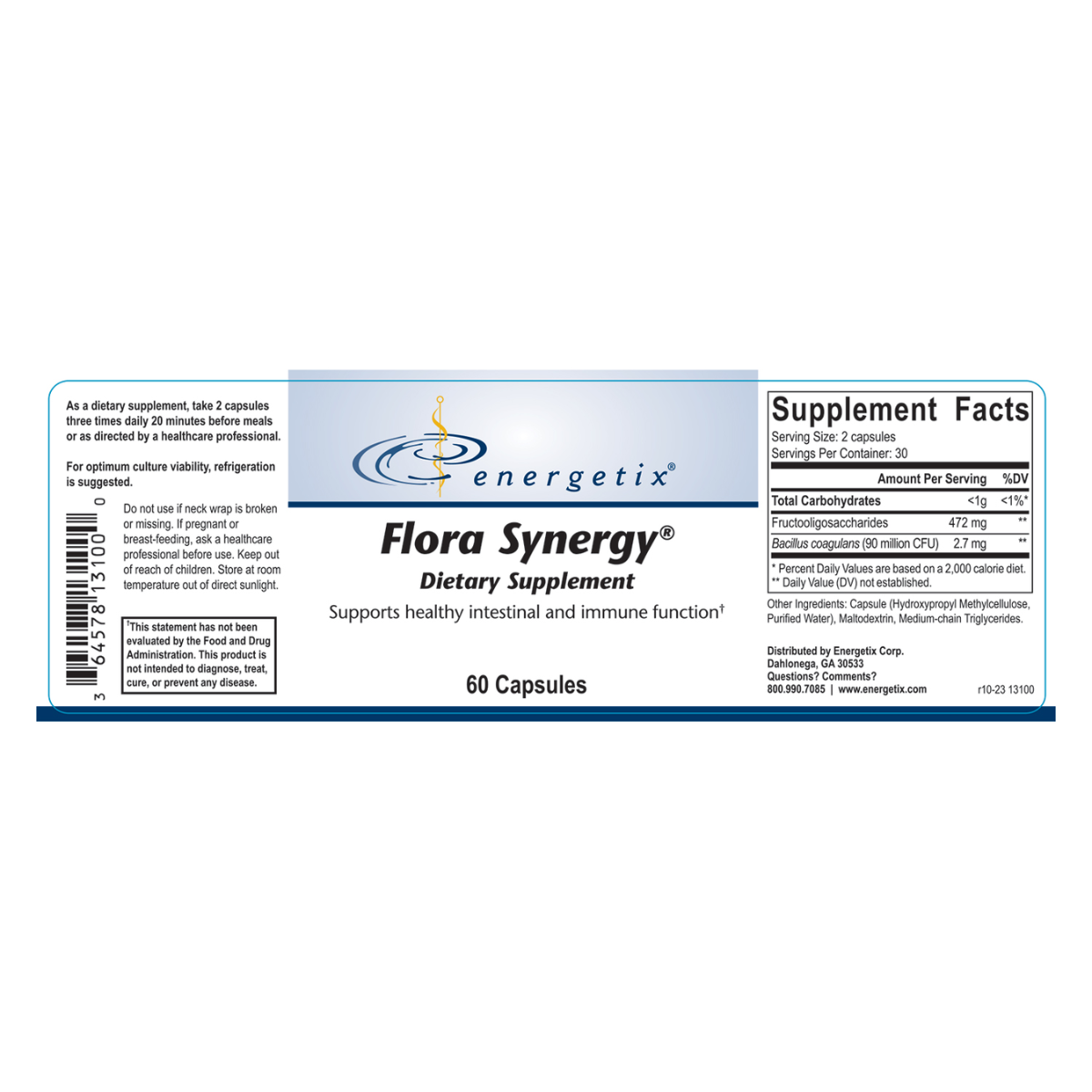 Flora Synergy® contains the spore form probiotic Bacillus coagulans and prebiotic fructooligosaccharides (FOS) to help support normal immune and digestive response.