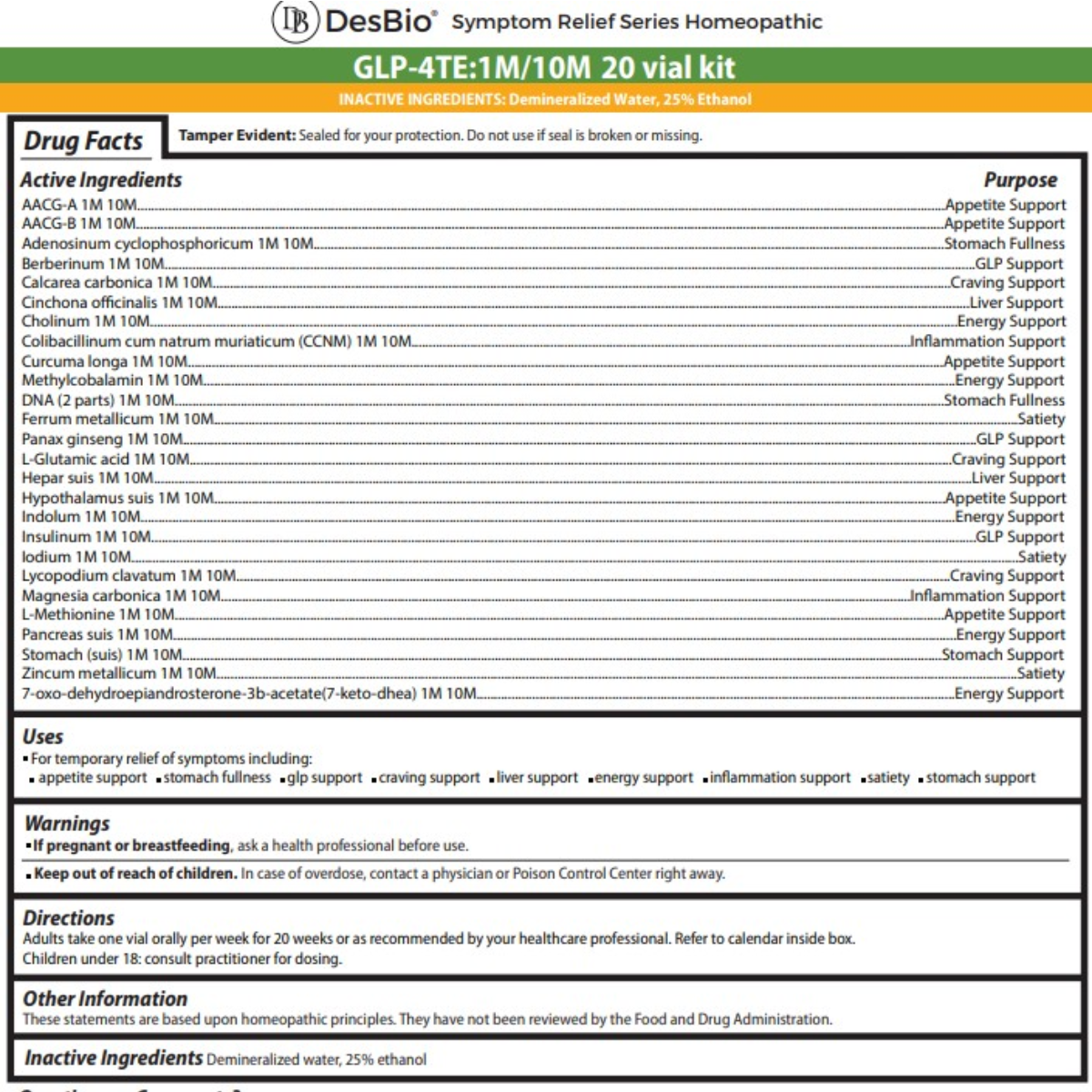 DesBio GLP-4TE 1M 10M homeopathic 20 vial kit for appetite craving satiety GLP and metabolic support
