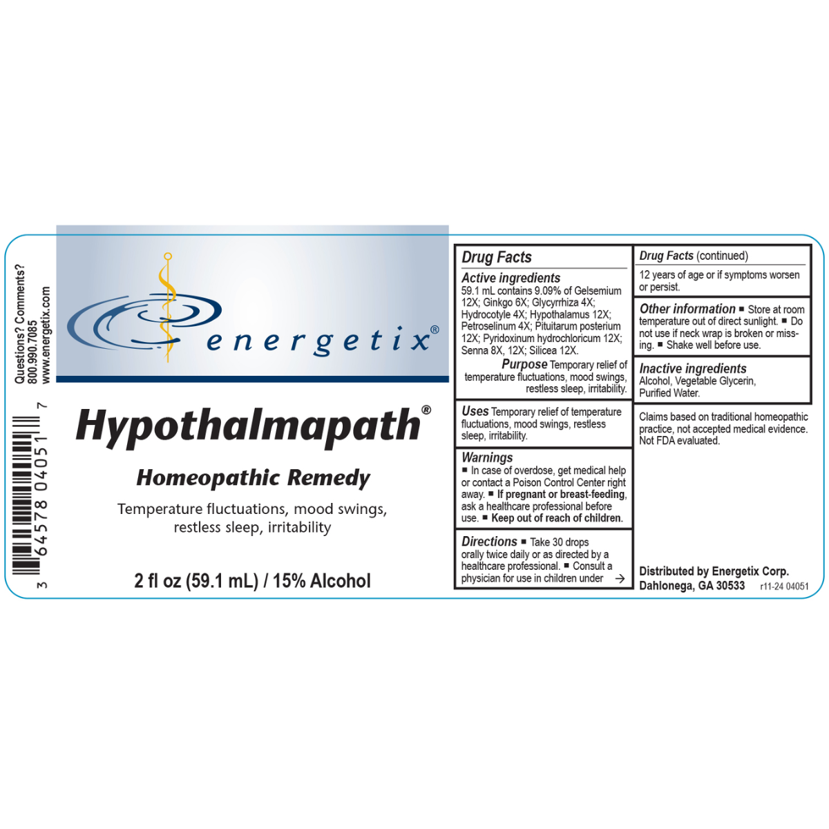 Hypothalmapath is a homeopathic combination formula for symptoms related to the endocrine and nervous systems. 