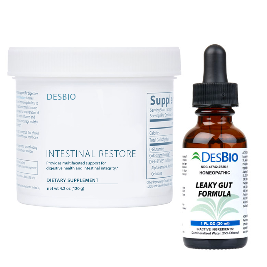 Leaky Gut Bundle by Desbio, digestive health, digestion, healthy digestion, leaky gut, gastrointestinal lining, toxins, pathogens, poorly digested food, GI discomfort, brain fog, joint pain, food sensitivities, mood disorders, Intestinal Restore, Leaky Gut Formula