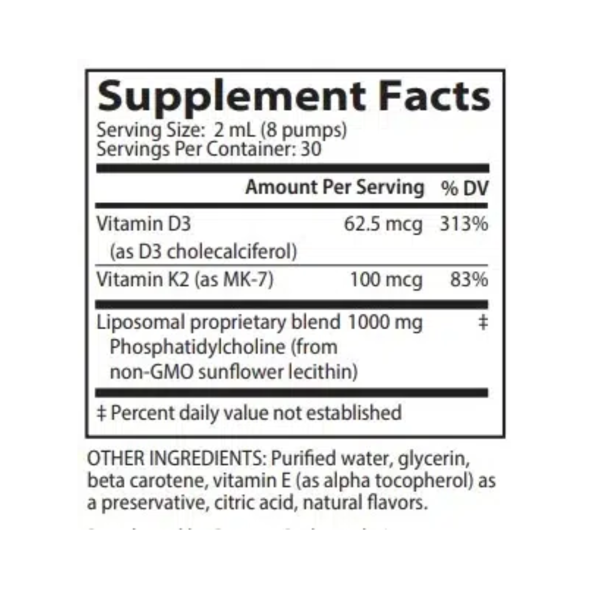 Liposomal D3 K2 is a balance of vitamins D3 and K2 in a form that is readily absorbed and utilized by the body.
