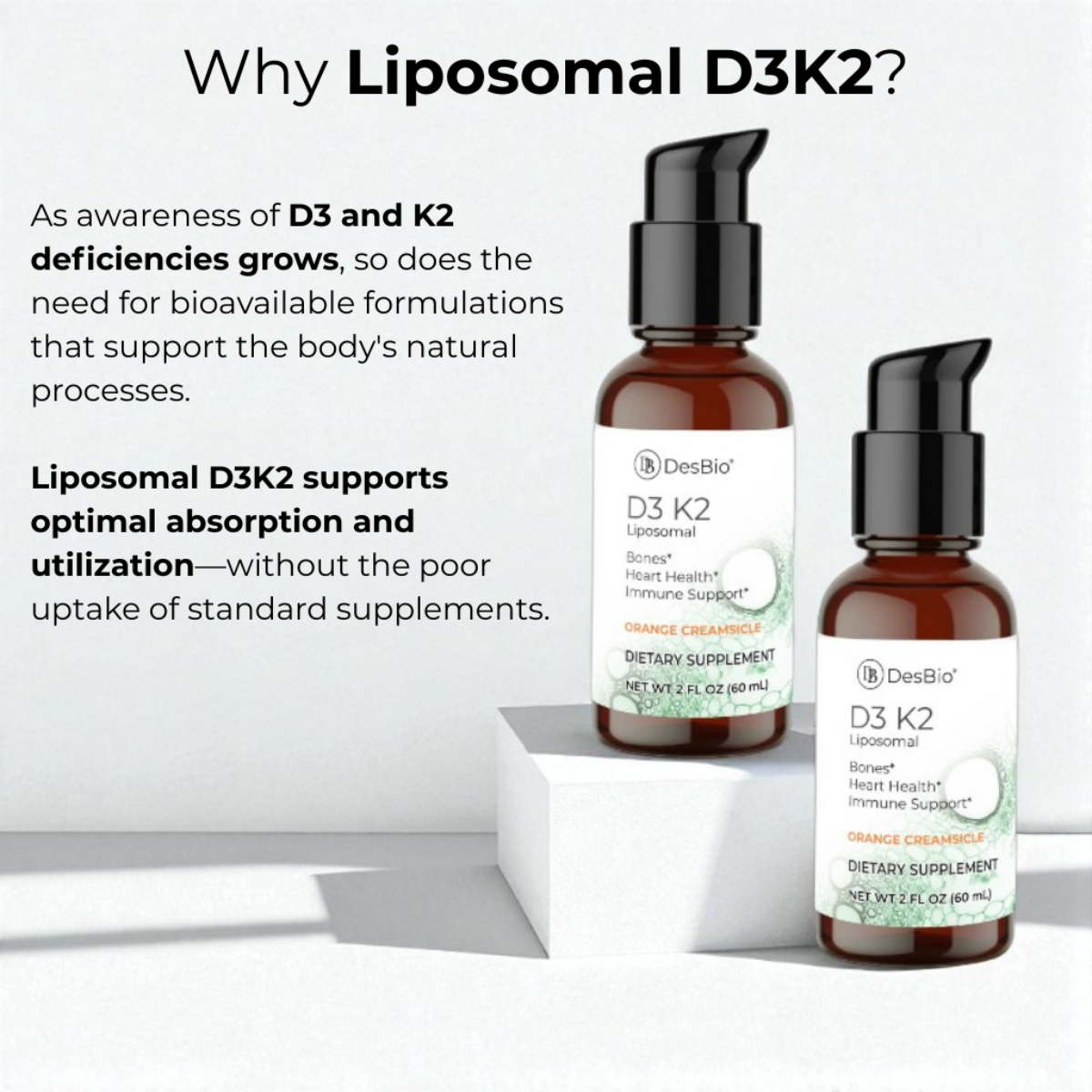 Liposomal D3 K2 is a balance of vitamins D3 and K2 in a form that is readily absorbed and utilized by the body.