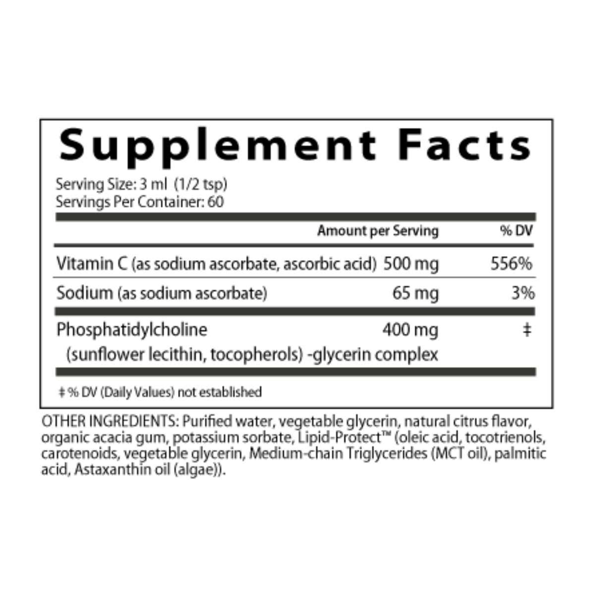 Liposomal Vitamin C provides an effective dose of vitamin C in a natural and pure phosphatidylcholine liposomal delivery system.
