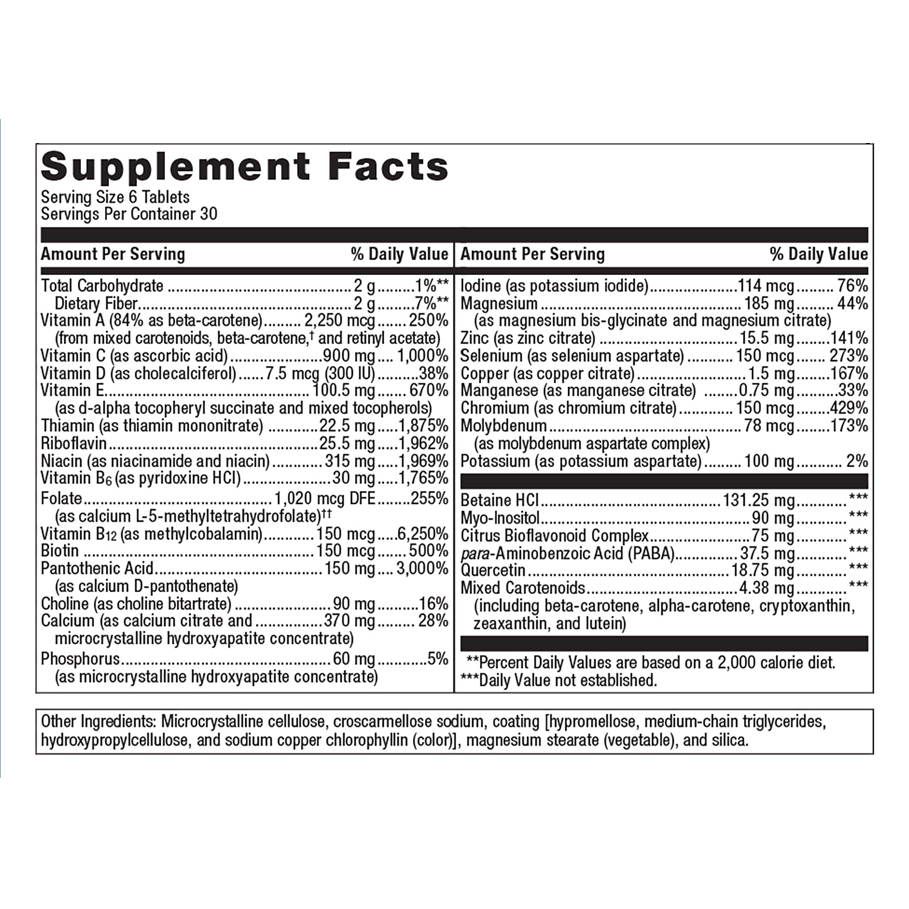 Multigenics Intensive Care without Iron by Metagenics Ingredients Label