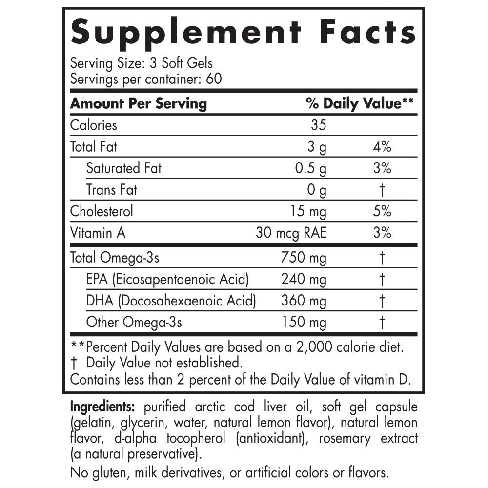 Arctic Cod Liver Oil 180 Soft Gels Lemon by Nordic Naturals