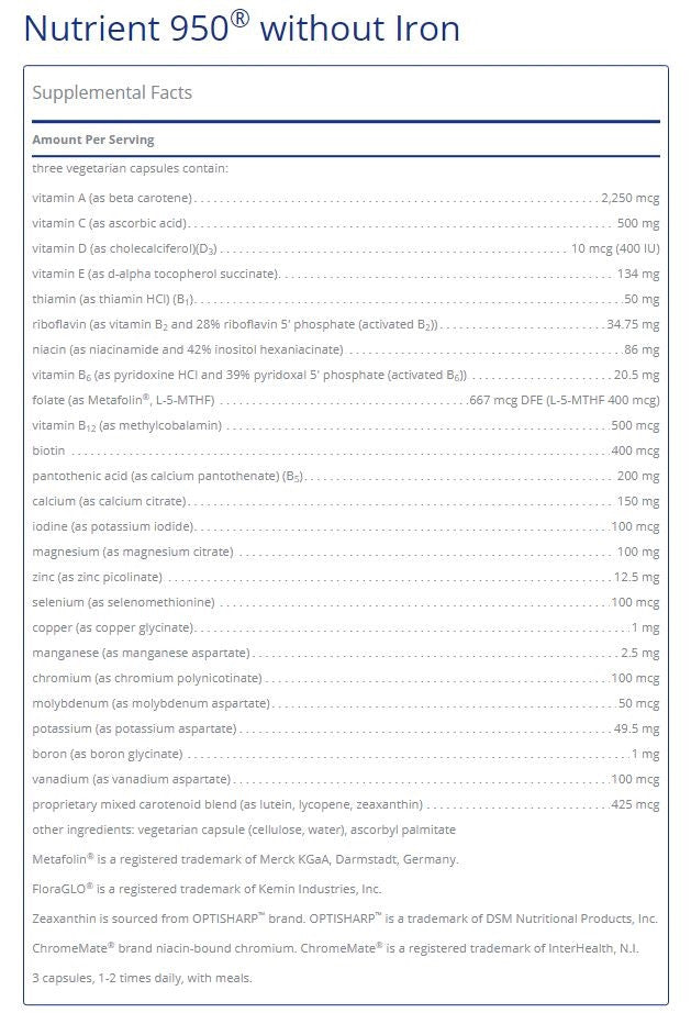 Nutrient 950 without iron by Pure Encapsulations (360 Capsules)