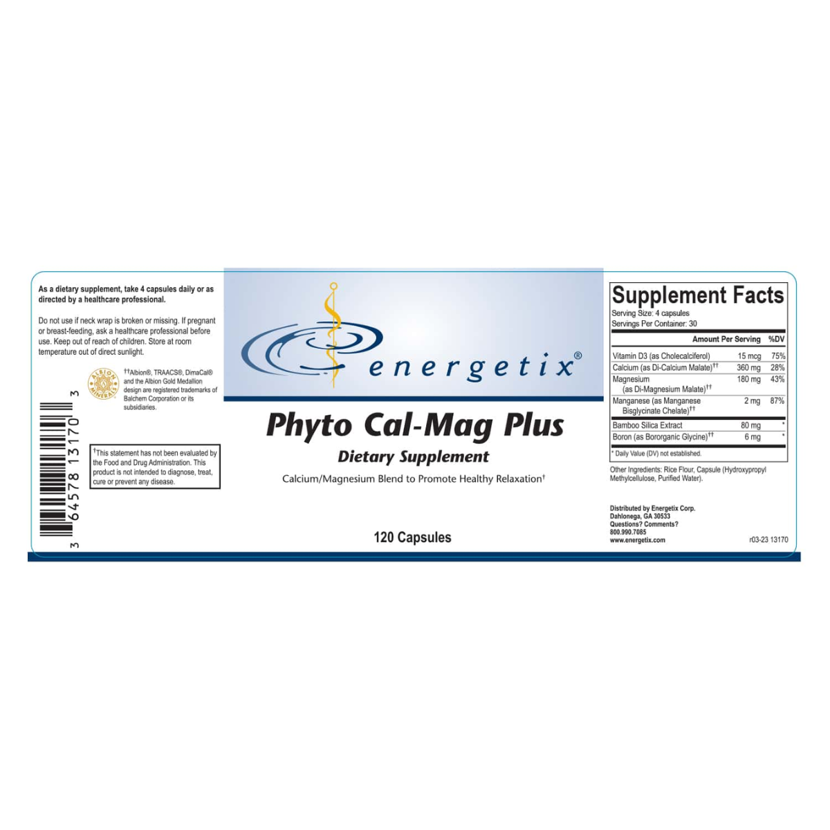 Phyto Cal-Mag Plus is a comprehensive blend of bioavailable calcium and magnesium along with vitamin D3, trace minerals, and herbal components.