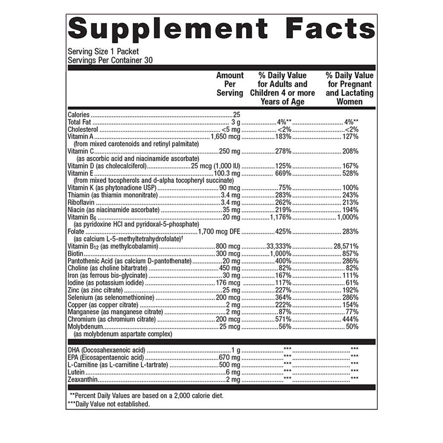 PlusOne Daily Prenatal Packs by Metagenics Ingredients Label