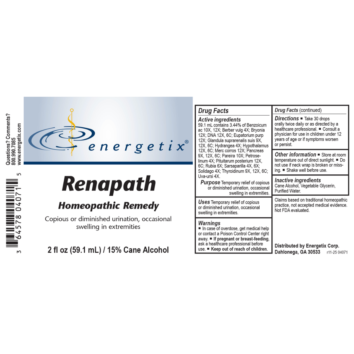 Renapath is a homeopathic combination formula for symptoms of weakened kidney such as bloating and frequent, diminished, or involuntary urination. 