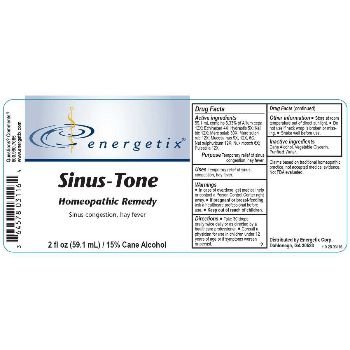 Sinus-Tone is a homeopathic combination formula for symptoms associated with sinus congestion and mucosal imbalances.
