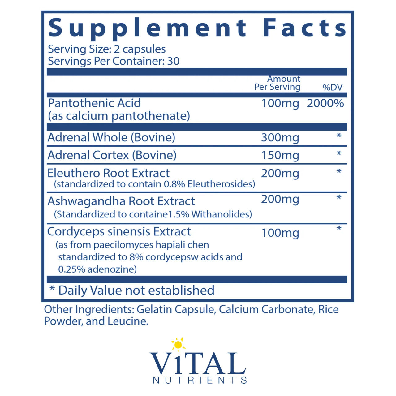 Adrenal Support by Vital Nutrients Ingredients Label