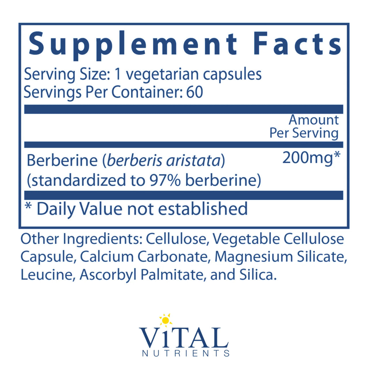 Berberine 200mg by Vital Nutrients Ingredients Label