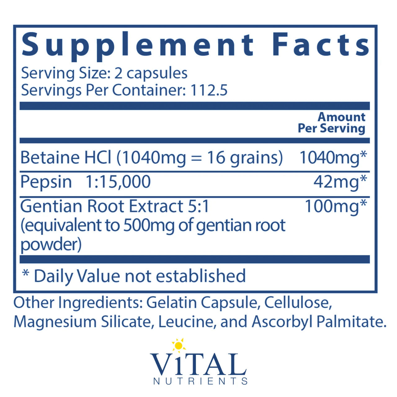 Betaine HCl Pepsin Gentian Root Extract by Vital Nutrients Ingredients Label