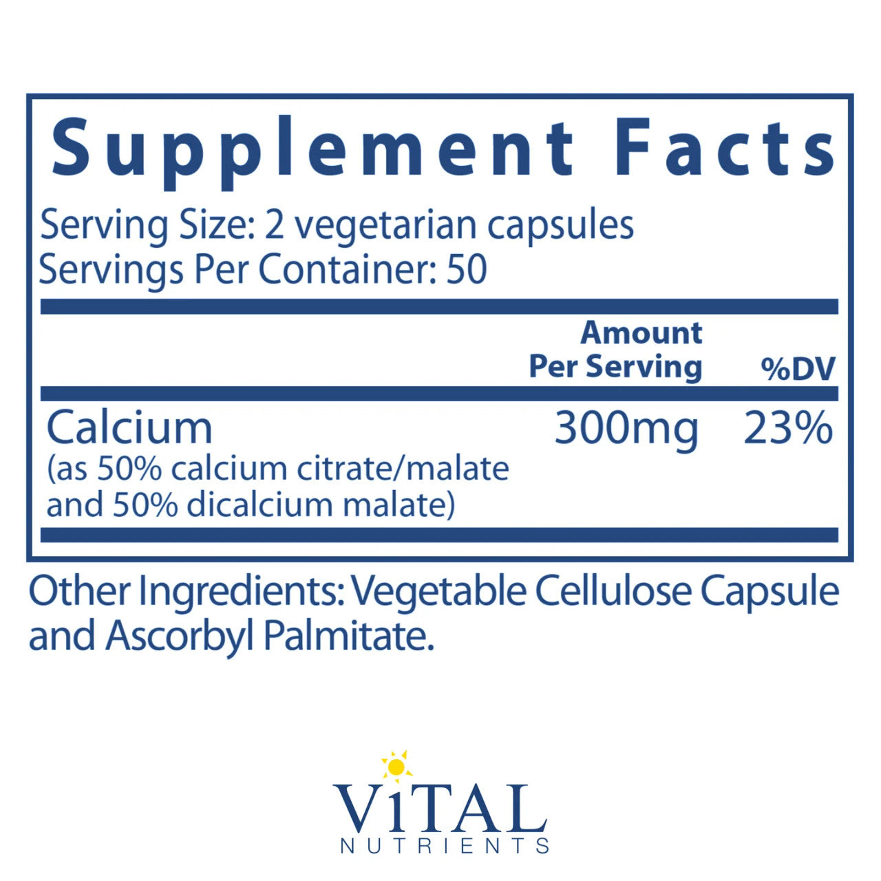 Calcium (Citrate/Malate) 150mg by Vital Nutrients Ingredients Label