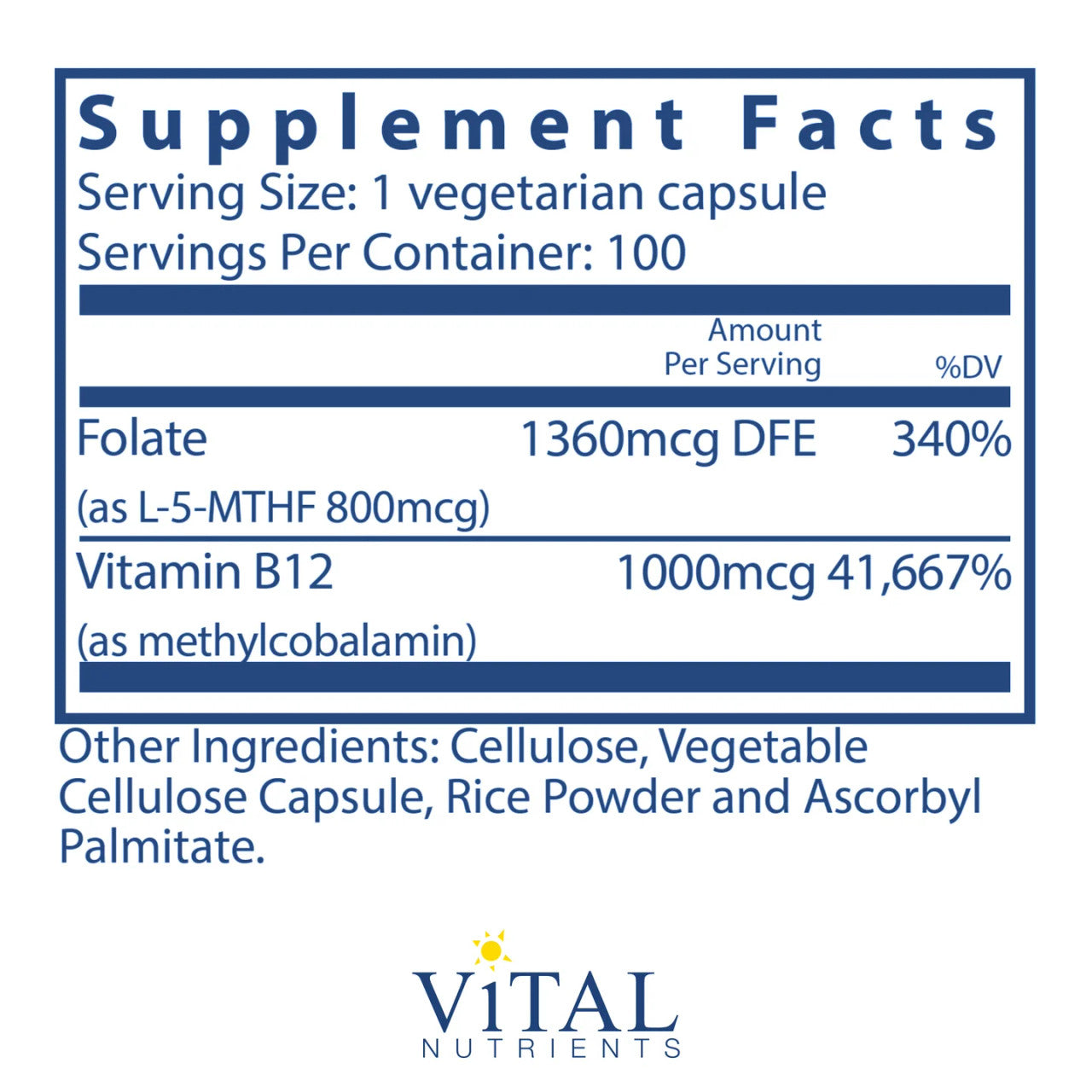 B-12/Methyl Folate 1000mcg/800mcg by Vital Nutrients Ingredients Label
